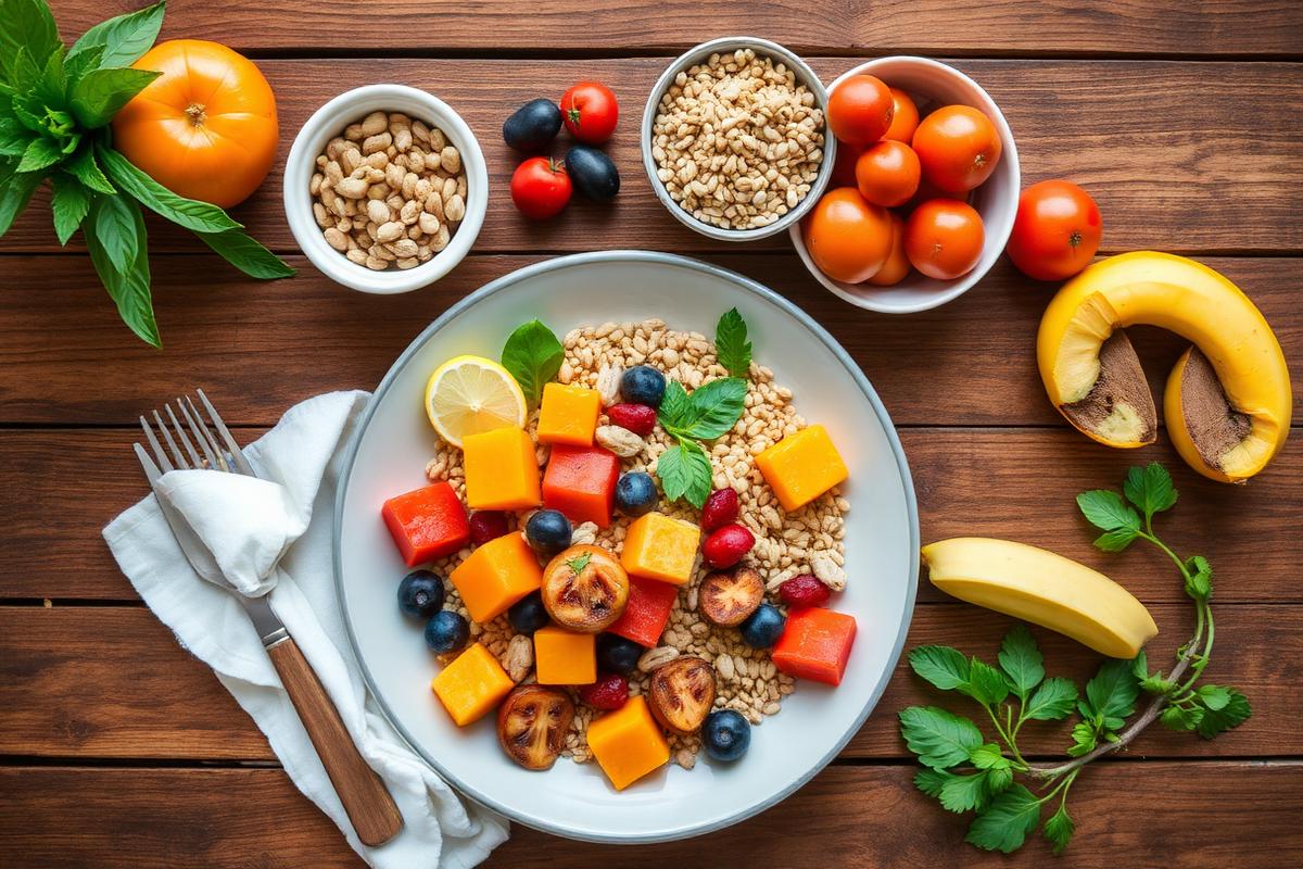 Prato colorido com fruta e cereais